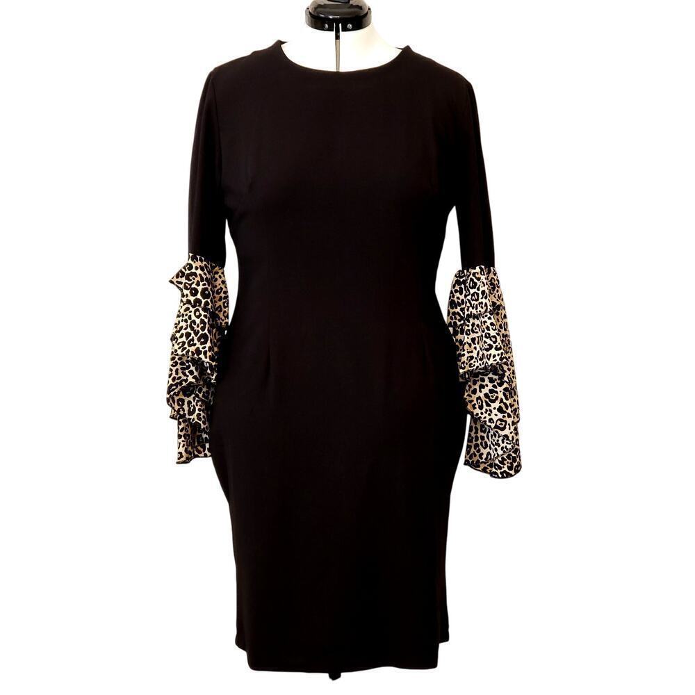 Women’s Black Animal Print Lace-cuff Bell Sleeve Sheath Dress Size XL